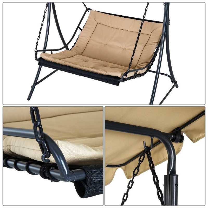 Outsunny Balancelle hamac de jardin 2 places grand confort inclinaison toit réglable 1,6L x 1,17l x 1,73H m métal époxy noir polyester beige