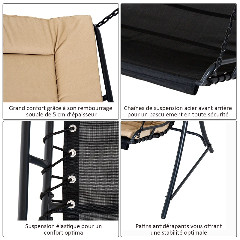 Outsunny Balancelle hamac de jardin 2 places grand confort inclinaison toit réglable 1,6L x 1,17l x 1,73H m métal époxy noir polyester beige