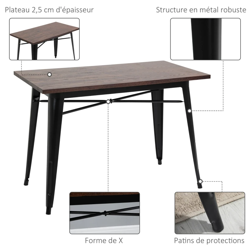 HOMCOM Table à manger design industriel 6 pers. - dim. 110 x 60 x 75 cm - métal noir panneaux multicouches imitation bois chêne foncé