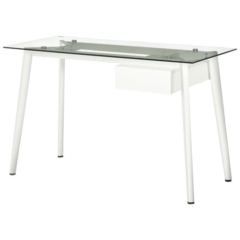 Bureau informatique contemporain tiroir plateau verre trempé châssis métal blanc