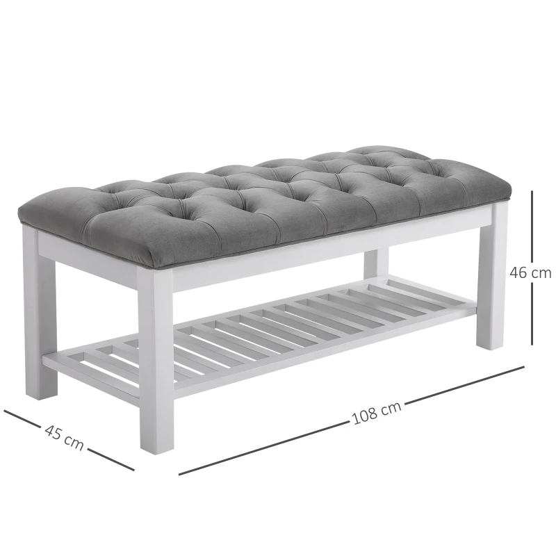 HOMCOM Banc banquette capitonnée style classique chic banc à chaussures dim. 108L x 45l x 46H cm bois massif caoutchouc blanc polyester gris
