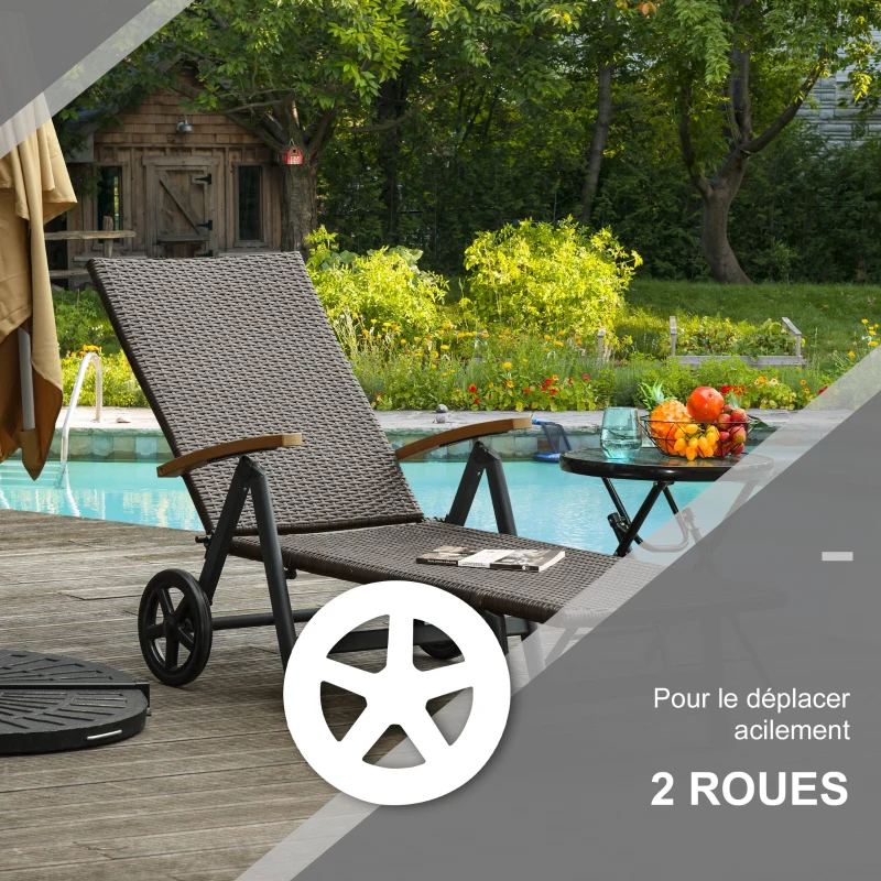 Outsunny Transat bain de soleil pliable style colonial inclinaison réglable multipositions accoudoirs roues résine tressée chocolat