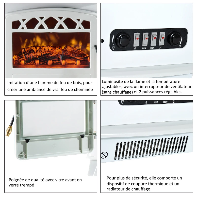 Homcom Cheminée Électrique 900-1800 W en Métal Blanc 51 x 31 x 56 cm