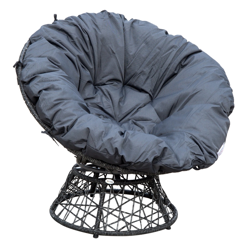 Outsunny Fauteuil rond de jardin fauteuil papasan pivotant grand confort 87L x 97l x 90H cm grand coussin fourni polyester résine tressée gris