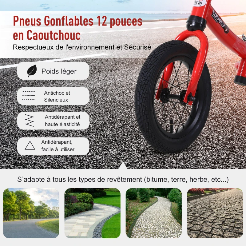 HOMCOM Draisienne enfant roues 12" hauteur selle réglable acier rouge