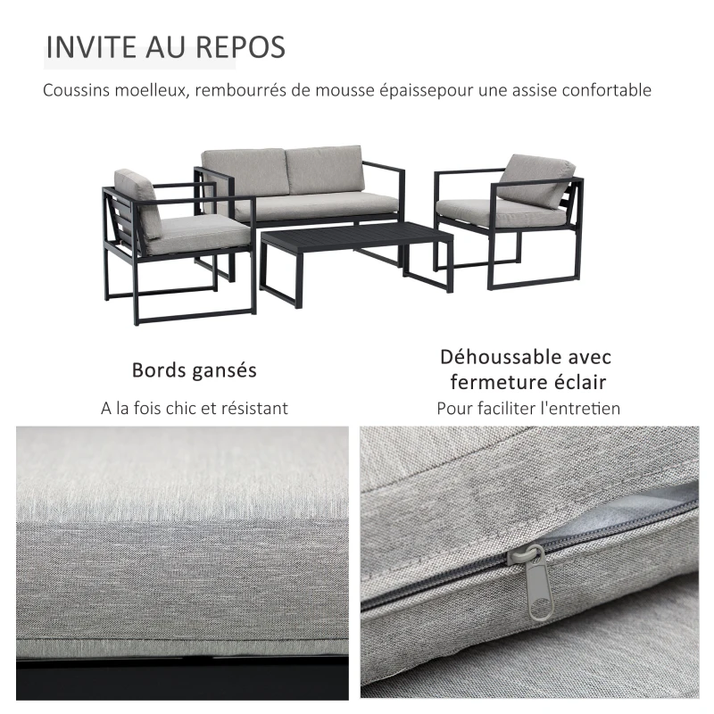 Salon de jardin style yachting 4 places table basse alu. noir coussins gris