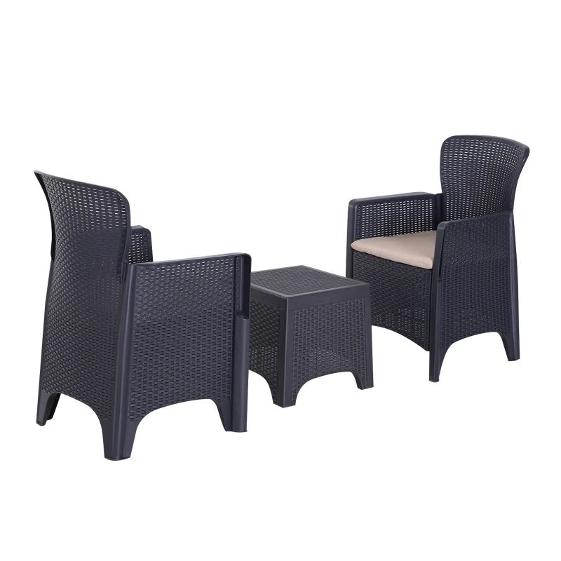 Outsunny Salon de jardin 2 pers. 3 pièces ensemble bistro style contemporain coussins grand confort inclus polyester beige résine tressée noir