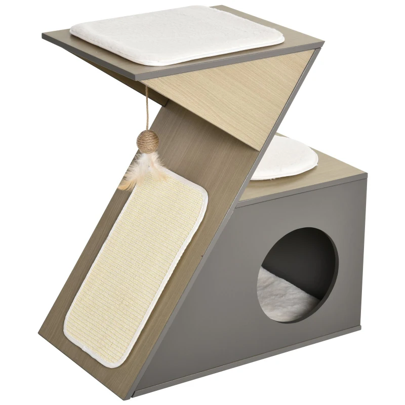 PawHut Arbre à chats design contemporain griffoir grattoir sisal naturel niche plate-formes jeu boule suspendue MDF gris