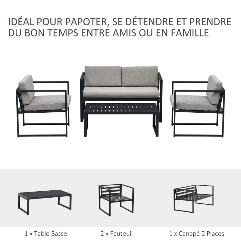 Salon de jardin style yachting 4 places table basse alu. noir coussins gris