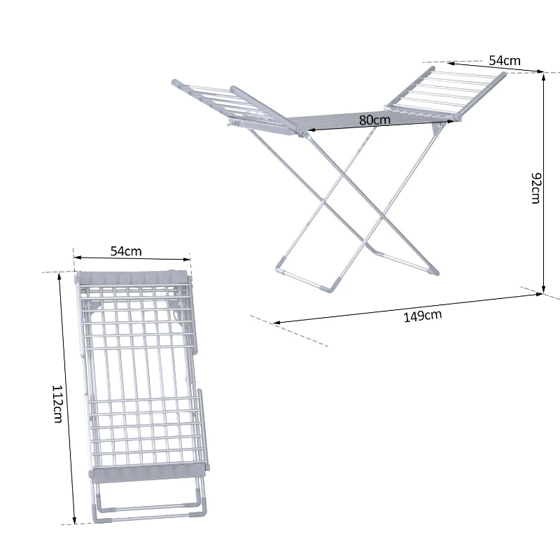 HOMCOM Séchoir étendoir à linge électrique chauffant pliable 20 barres 2 ailes repliables 230 W 50-55° C aluminium