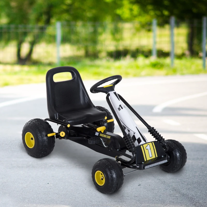 HOMCOM Vélo et véhicule pour enfants kart à pédales siège réglable frein manuel roues AR plastique acier noir jaune