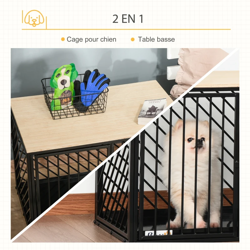 PawHut Cage pour chien animaux cage chien niche à chien caisse chien interieur meuble chien 2 portes verrouillables métal plateau de base en acier panneau multicouche 76L x 48l x 53H cm chêne clair