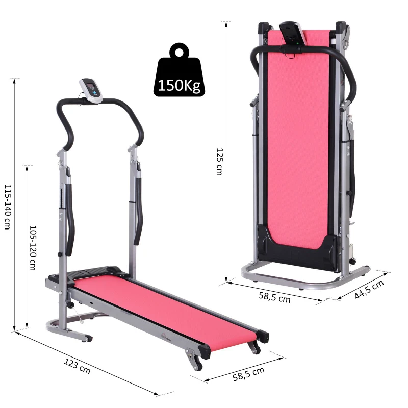 Homcom Tapis de course manuel pliable écran LCD multifonction 3 modes d'inclinaisons hauteur guidon réglable acier gris rouge