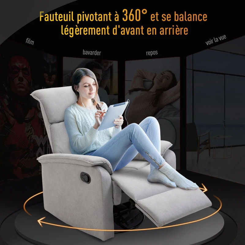 HOMCOM Fauteuil de relaxation grand confort pivotant 360° dossier inclinable repose-pied ajustable revêtement synthétique tissu gris clair