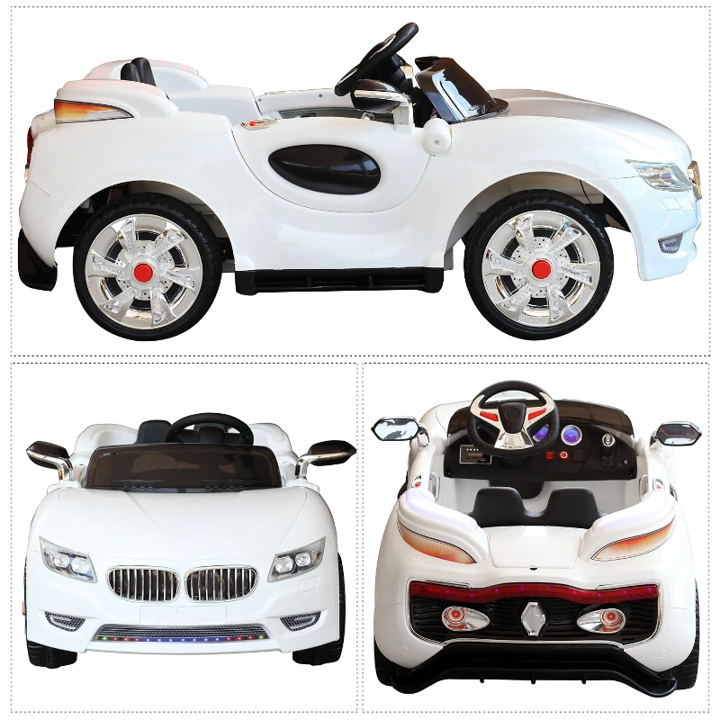 HOMCOM Voiture électrique enfant 2 places 12 V 3,5-7,5 Km/h 2 moteurs phares LED + bandes lumineuses fonction USB MP3 télécommande parentale blanc