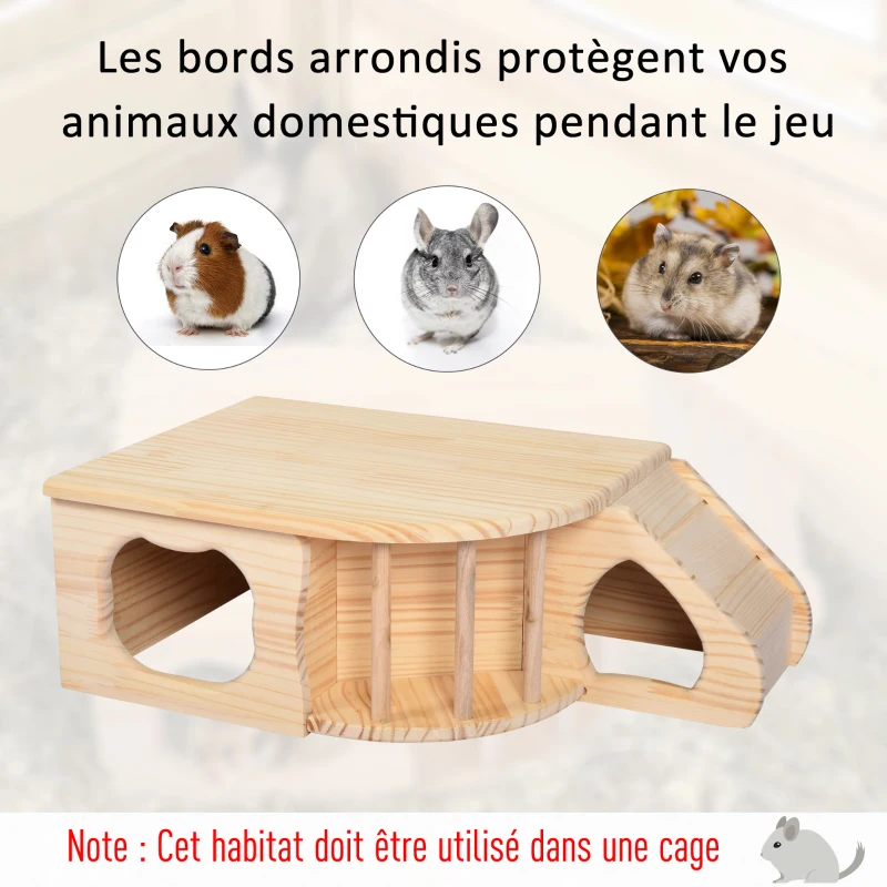 PawHut Maisonnette pour rongeurs abri pour rongeurs 2 entrées rampe et espace foin dim. 60L x 37l x 19H cm bois naturel sapin