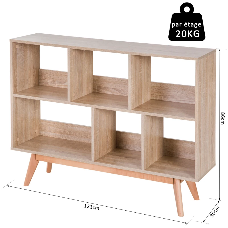 HOMCOM Buffet biblliothèque scandinave 6 niches pieds effilés bois hêtre 121L x 30l x 86H cm panneaux particules coloris bois chêne