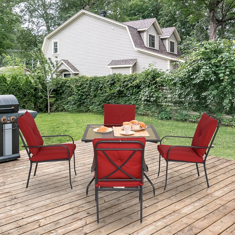 Outsunny Ensemble de jardin 4 pers. coussins déhoussables fournis table plateau verre trempé 5 mm métal époxy noir polyester rouge