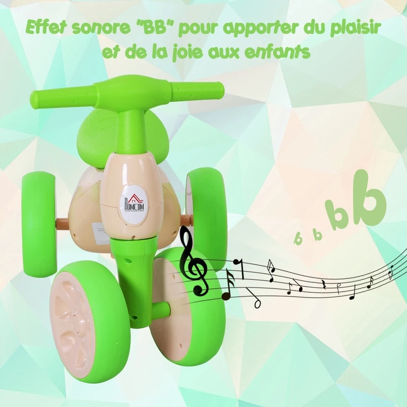HOMCOM Draisienne vélo enfant 4 roues selle guidon ergonomique antidérapant coffre rangement effet sonore plastique beige vert