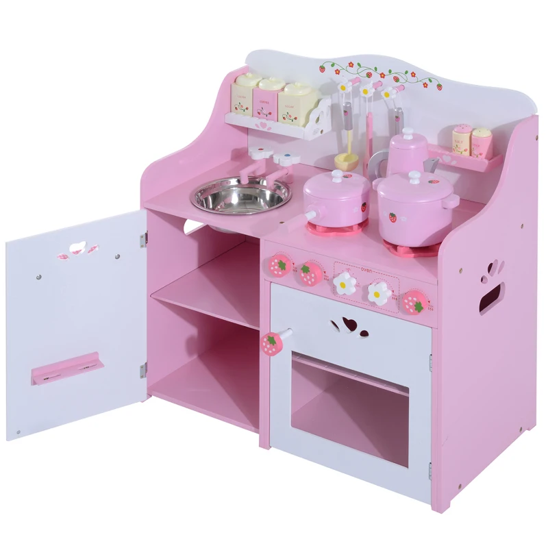 HOMCOM Cuisine pour enfants en bois jeu jouet d'imitation grand réalisme 60L x 30l x 62H cm multi-équipement 12 accessoires rose