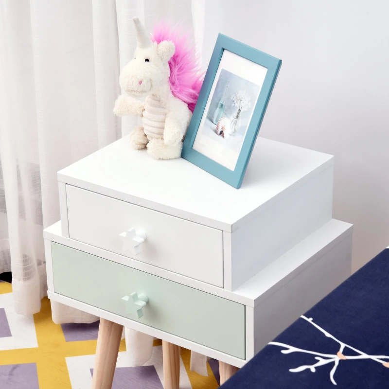 HOMCOM Lot de 2 chevets tables de nuit enfant design scandinave dim. 42L x 30l x 57H cm 2 tiroirs MDF blanc rose bois massif pin