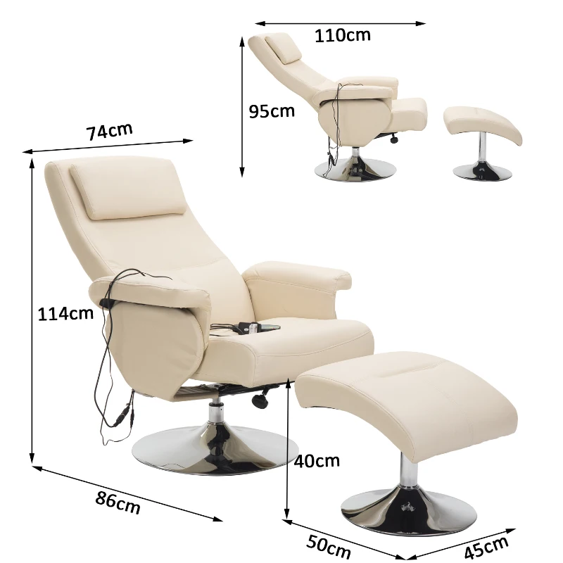HOMCOM Fauteuil de massage et relaxation électrique chauffant pivotant inclinable avec repose-pied crème