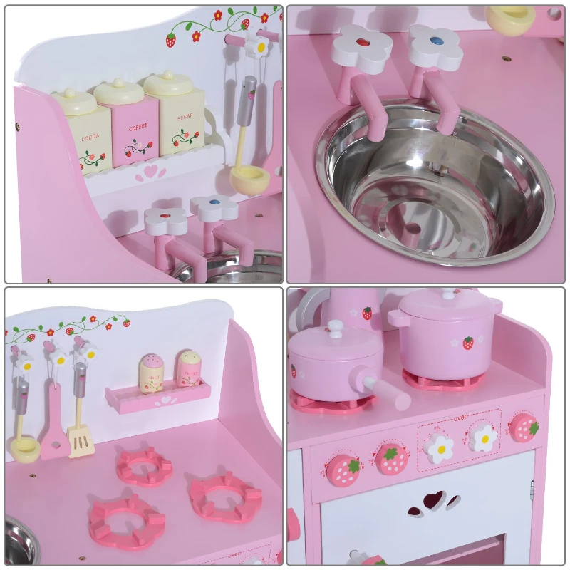 HOMCOM Cuisine pour enfants en bois jeu jouet d'imitation grand réalisme 60L x 30l x 62H cm multi-équipement 12 accessoires rose