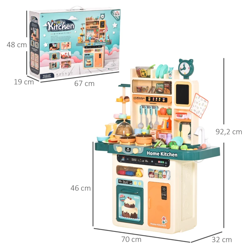 HOMCOM Cuisine pour Enfant - dinette - Jeu d'imitation Complet 113 Accessoires variés - Fonctions sonores et Lumineuses - PP ABS Beige Turquoise