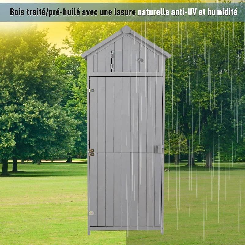 Outsunny Armoire abri de Jardin Remise pour Outils 3 étagères 2 Porte loquets Toit Pente bitumé 77L x 54l x 179H cm Sapin traité Gris
