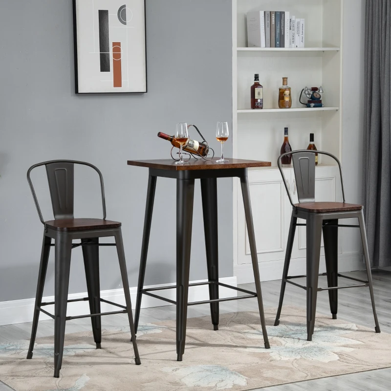 HOMCOM Table de bar carrée design industriel - repose-pied intégré - dim. 60 x 60 x 105 cm - métal noir panneaux multicouches imitation bois chêne foncé