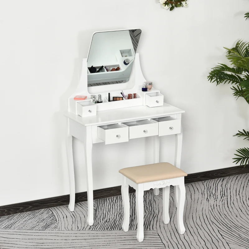 HOMCOM Dressing Table Set with 360° Spin Mirror and Cushioned Stool, Makeup Vanity Dresser Desk with 5 Drawers for Bedroom, White