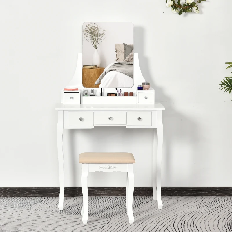 HOMCOM Dressing Table Set with 360° Spin Mirror and Cushioned Stool, Makeup Vanity Dresser Desk with 5 Drawers for Bedroom, White