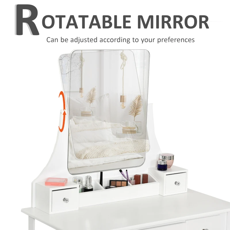 HOMCOM Dressing Table Set with 360° Spin Mirror and Cushioned Stool, Makeup Vanity Dresser Desk with 5 Drawers for Bedroom, White