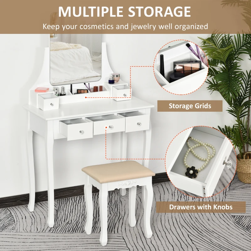 HOMCOM Dressing Table Set with 360° Spin Mirror and Cushioned Stool, Makeup Vanity Dresser Desk with 5 Drawers for Bedroom, White