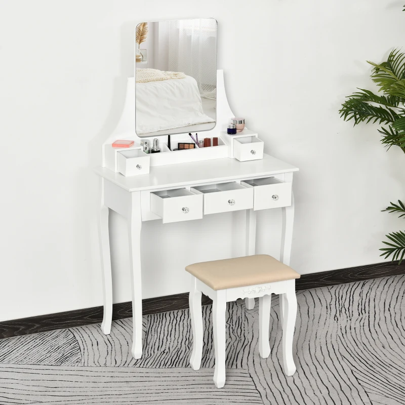 HOMCOM Dressing Table Set with 360° Spin Mirror and Cushioned Stool, Makeup Vanity Dresser Desk with 5 Drawers for Bedroom, White