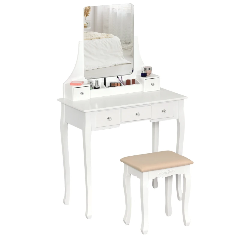 HOMCOM Dressing Table Set with 360° Spin Mirror and Cushioned Stool, Makeup Vanity Dresser Desk with 5 Drawers for Bedroom, White
