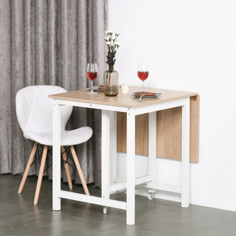 HOMCOM Mesa de Comedor Plegable con Tabla Abatible y 2 Ruedas Mesa Auxiliar Multifuncional para Estudio Cocina 118x70x76,5 cm Roble