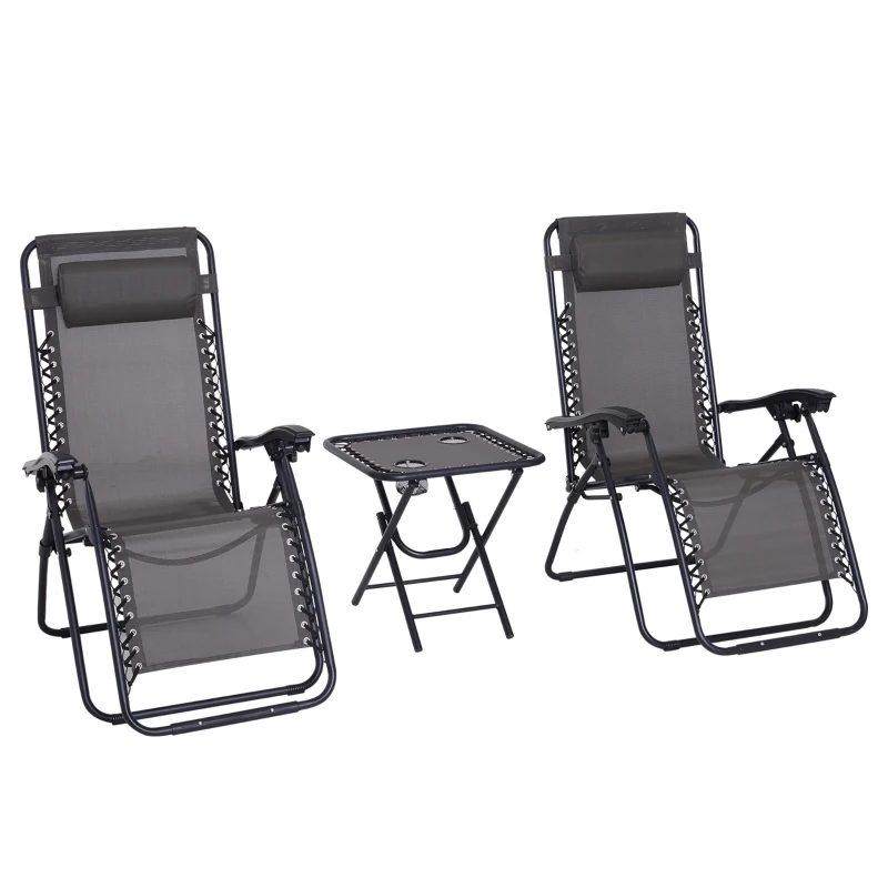 Outsunny 3pcs Sun Lounger Chairs with Table, Folding Zero Gravity Chairs, W/ Cup Holders, Grey