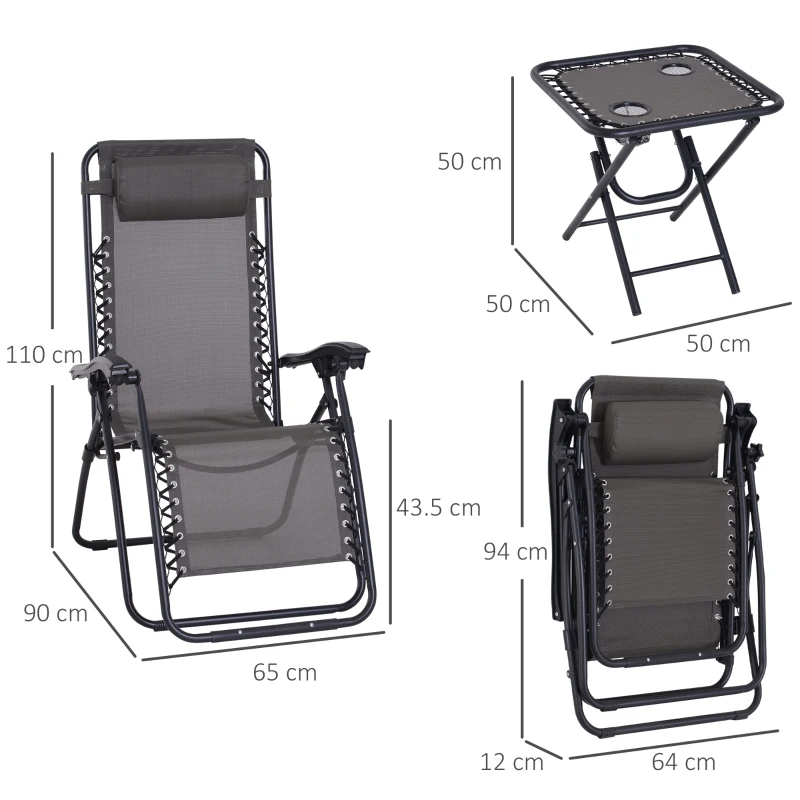 Outsunny 3pcs Sun Lounger Chairs with Table, Folding Zero Gravity Chairs, W/ Cup Holders, Grey