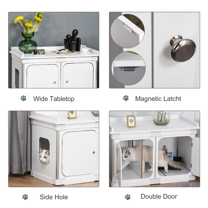PawHut Wooden Cat Litter Box Enclosure Washroom Toilet Home Cabinet Kitty House Nightstand End Table Magnetic Door Adjustable Partition Board White