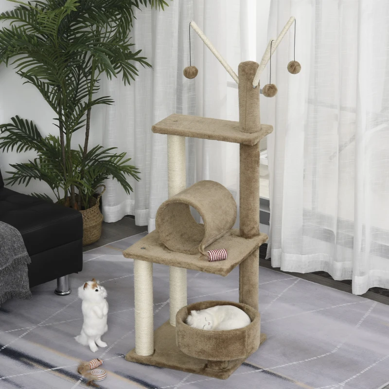 PawHut Cat Tree for Indoor Cats 121cm Kitten Tower Sisal Scratching Post Pet Activity Center Perch Condo Hanging Ball Brown