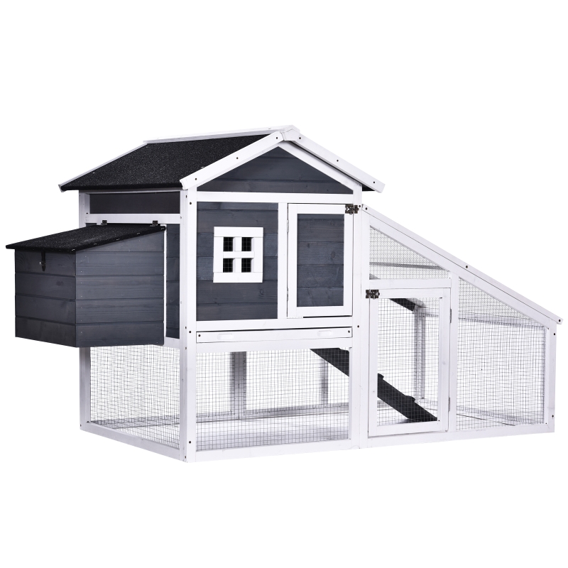 PawHut Wooden Chicken Coop Poultry House with Nesting Box Run Ramp Sliding Tray Grey 175.4L x 95.5W x 100H cm