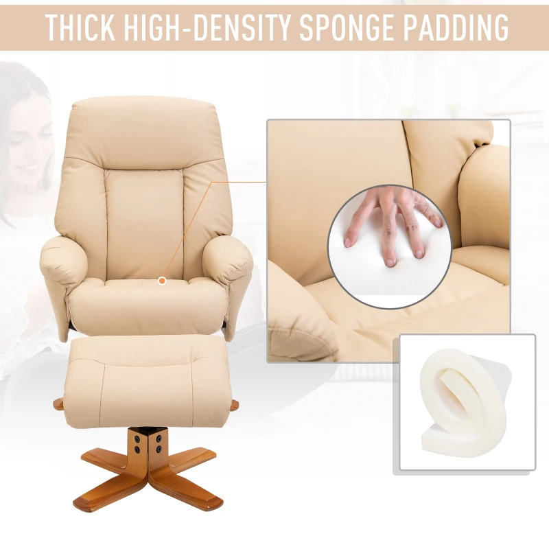 HOMCOM PU Leather Recliner Armchair & Footrest 2 Pcs Duo Set Beige