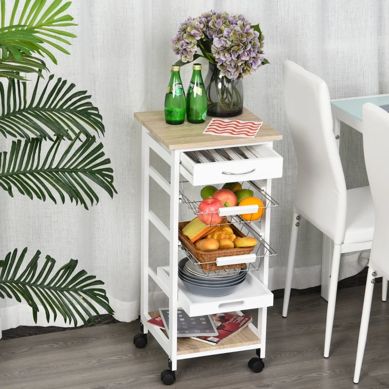 HOMCOM Mobile Rolling Kitchen Island Trolley for Home w/ Metal Baskets Trays Shelves Wheels Compact Stylish Storage White