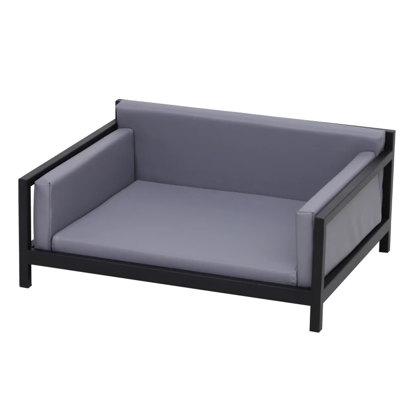 PawHut Deluxe PU Pet Sofa Couch Soft Dog Puppy Cat Sleep Bed Metal Frame Grey 64L x 52W x 27.5H cm