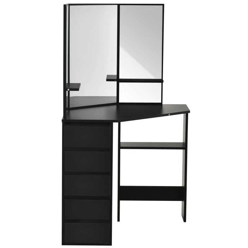 HOMCOM Elegant Dressing Table w/ Tri-Mirror 5 Drawers 2 Shelves Vanity Dresser Black