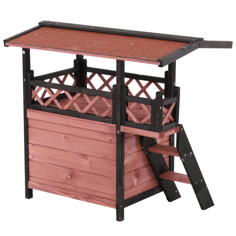 PawHut Wooden Cat House Outdoor Luxury Room Weatherproof Shelter with Balcony and Stair Puppy Garden Large Kennel Brown