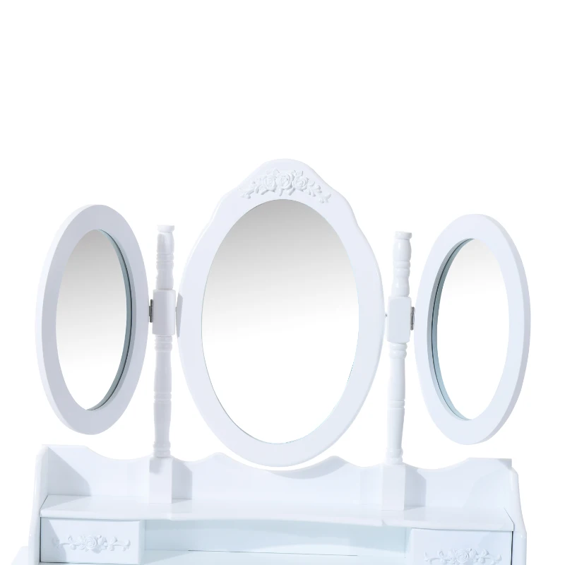 HOMCOM Shabby Chic Dressing Table Jewelry Cosmetic Vanity Set Makeup Dresser 7 Drawers 2 Dividers White w/ 3 Mirrors & Stool