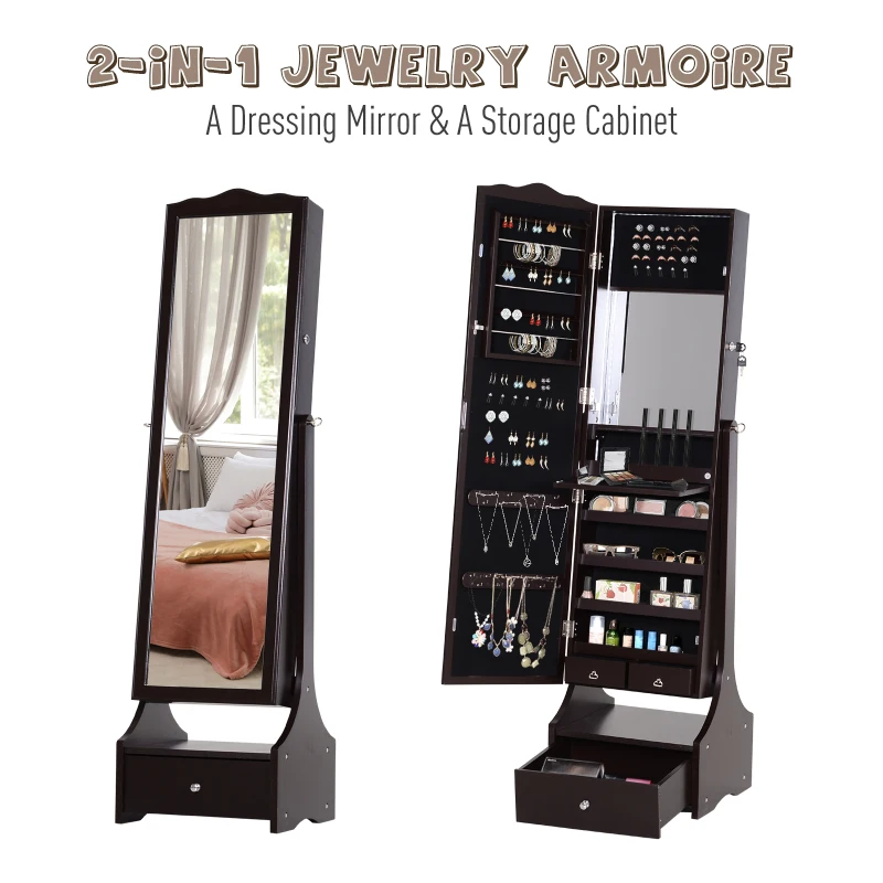 HOMCOM Freestanding Storage Mirror Full Length Jewellery Make Up Perfume Organisation w/ Bottom Drawer Lock LED Lights 150x45cm Brown