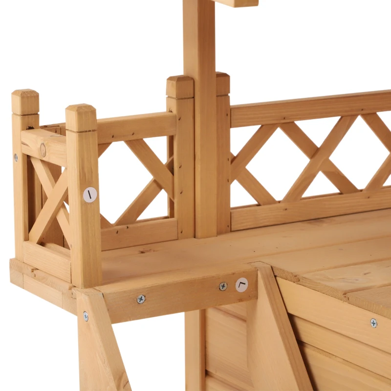 PawHut Wooden Cat House Outdoor Luxury Room Weatherproof Shelter with Balcony and Stair Puppy Garden Large Kennel Natural Wood